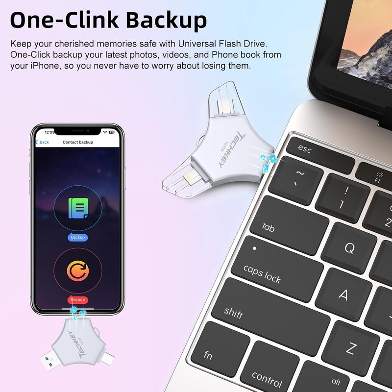 TECHKEY MFi Certified USB 3.0 Flash Drive 128GB for iPhone, 3in1 External Memory Photo Keeper Storage Stick for Picture/Video/Data Saver/Backup, High Speed Thumb/Jump/Hard Drives for iPhone/iPad/Android/PC - Image 4